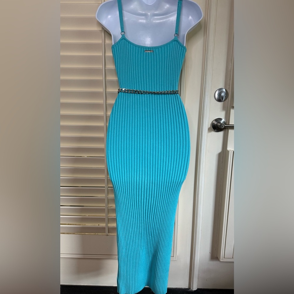 Michael Kors Ribbed Stretch Knit Midi Dress – Turquoise (With MK Chain Belt) - Picture 4 of 8